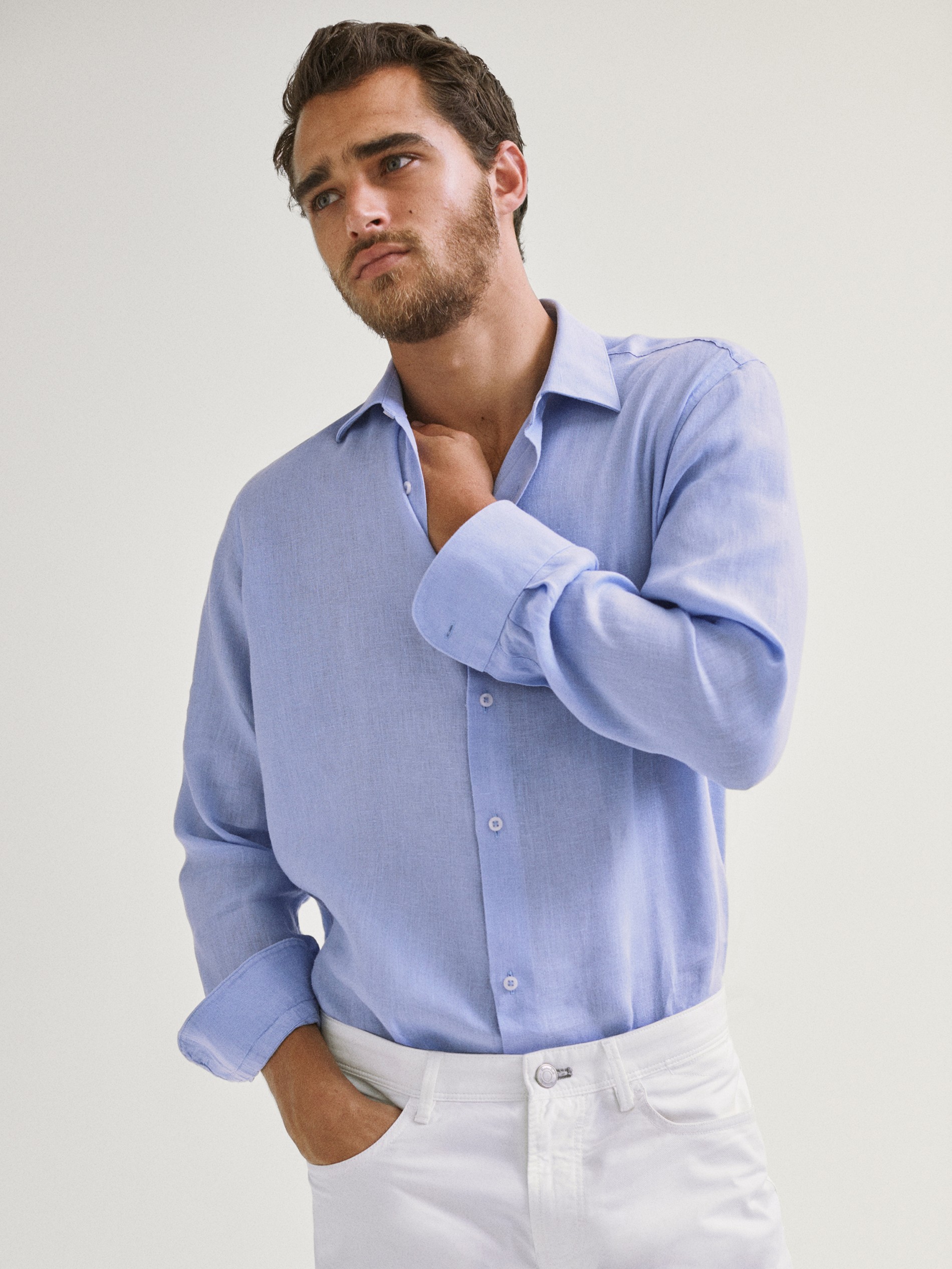 SLIM FIT DYED 100% LINEN SHIRT - null 