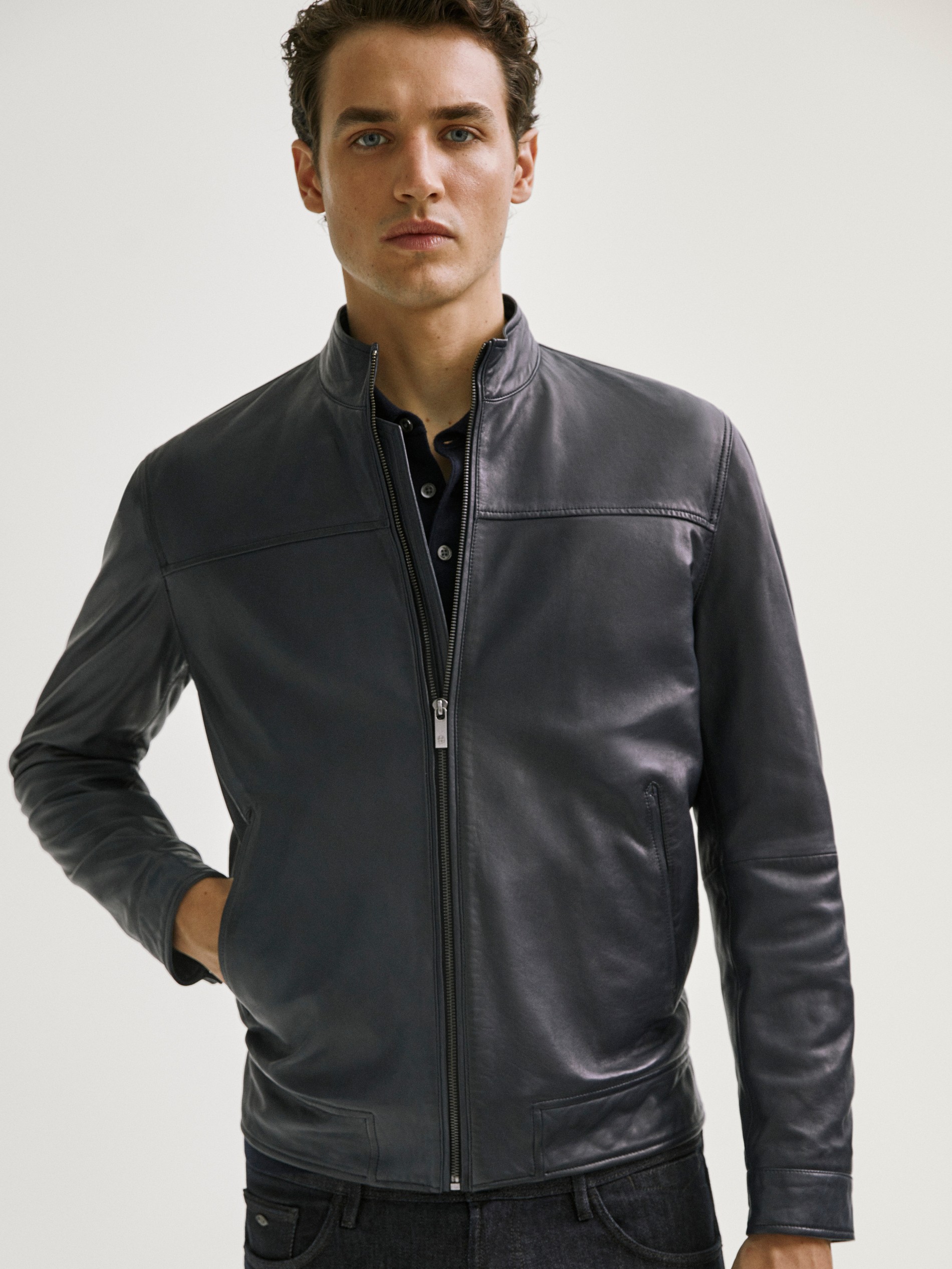 men navy blue leather jacket