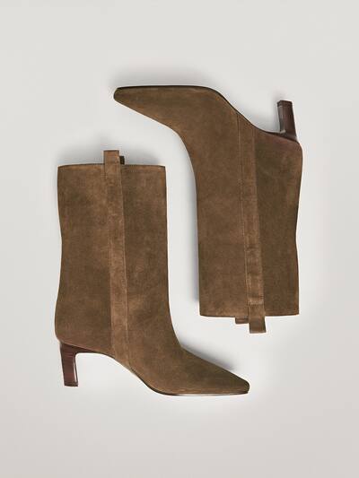 Brown Split Suede Mid Heel Ankle Boots Women Massimo Dutti
