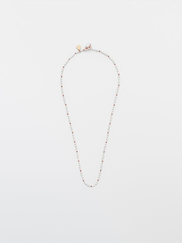 天然珍珠和橙色纱线项链