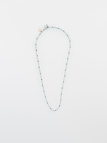 天然珍珠和绿色纱线项链