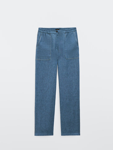 Jogging-fit linen denim trousers - null 