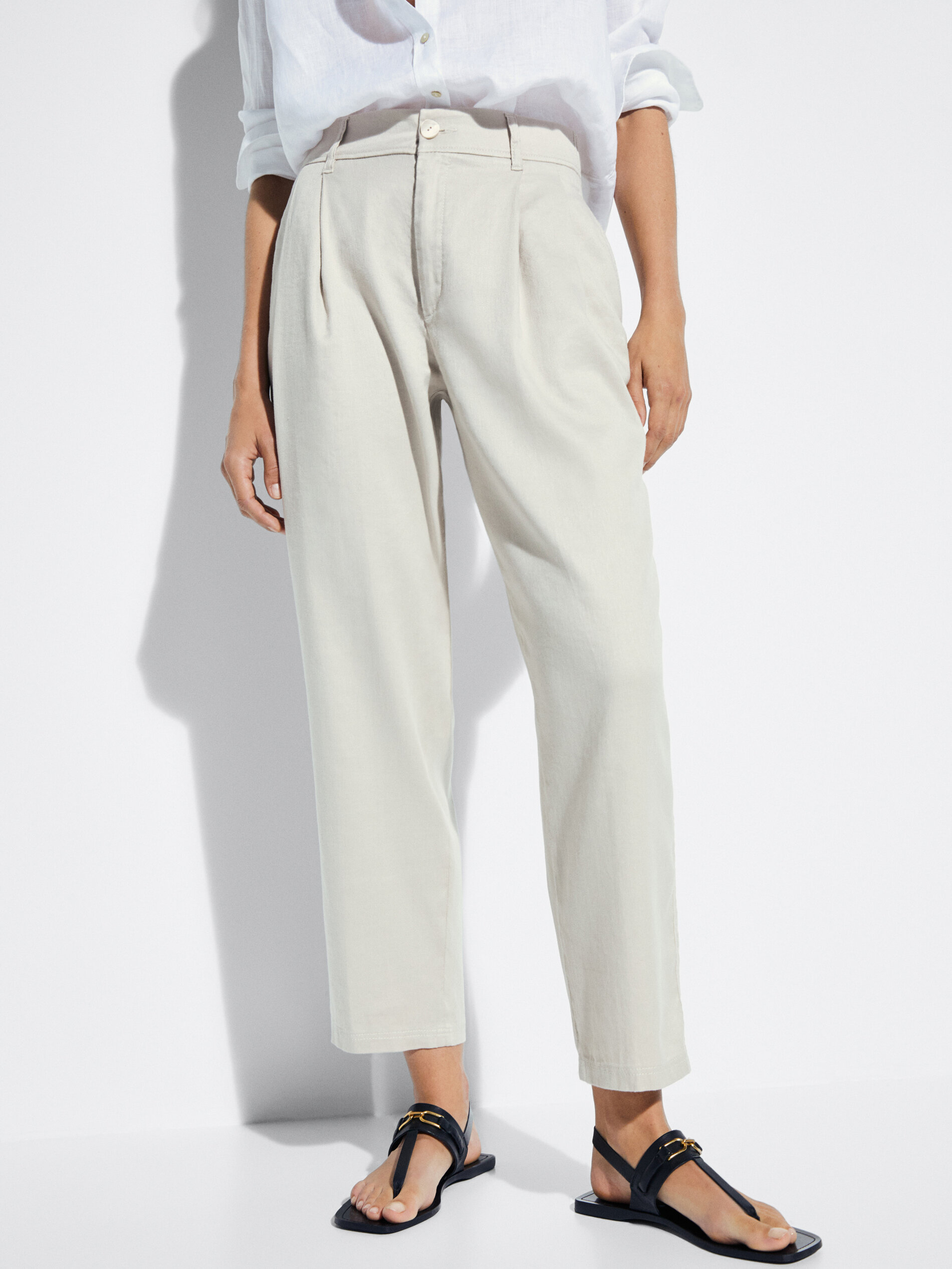 Linen and cotton darted trousers - null 
