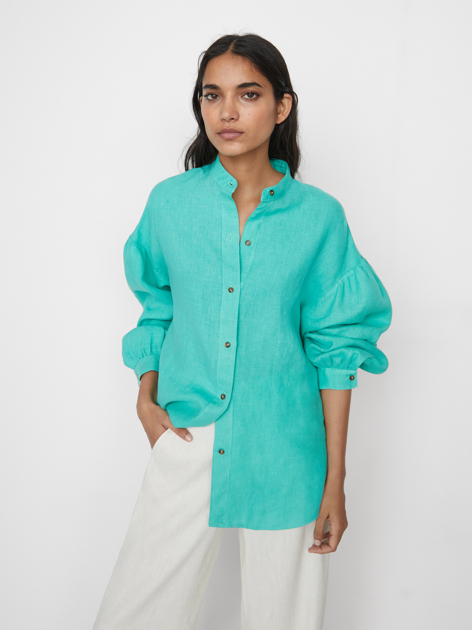 Balloon sleeve linen shirt with stand 