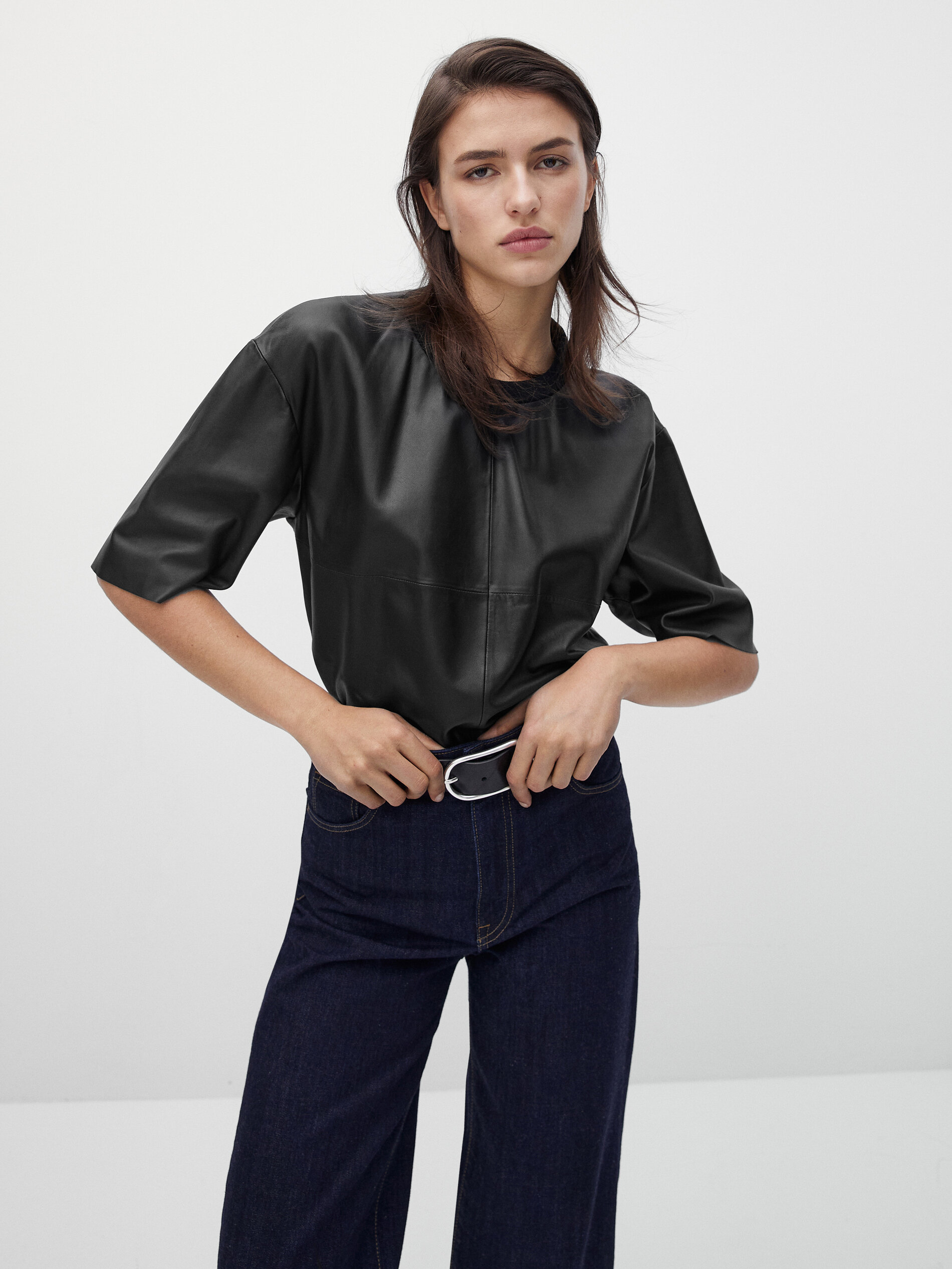 nappa leather short sleeve T-shirt 