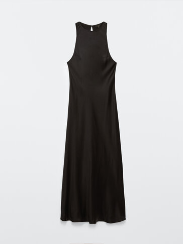 长款黑色绸缎质感吊带连衣裙