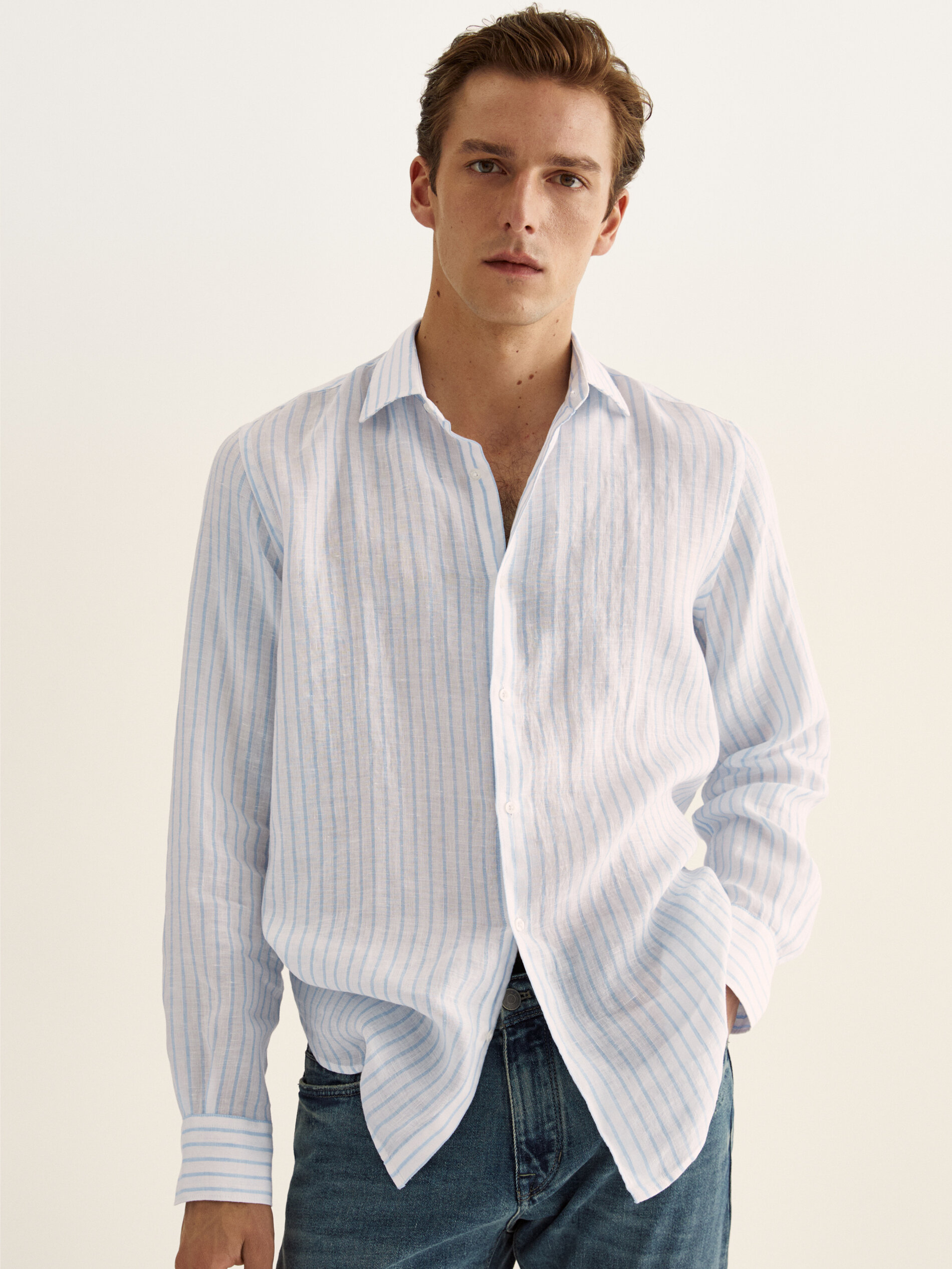 Slim fit striped 100% linen shirt - null - Massimo Dutti