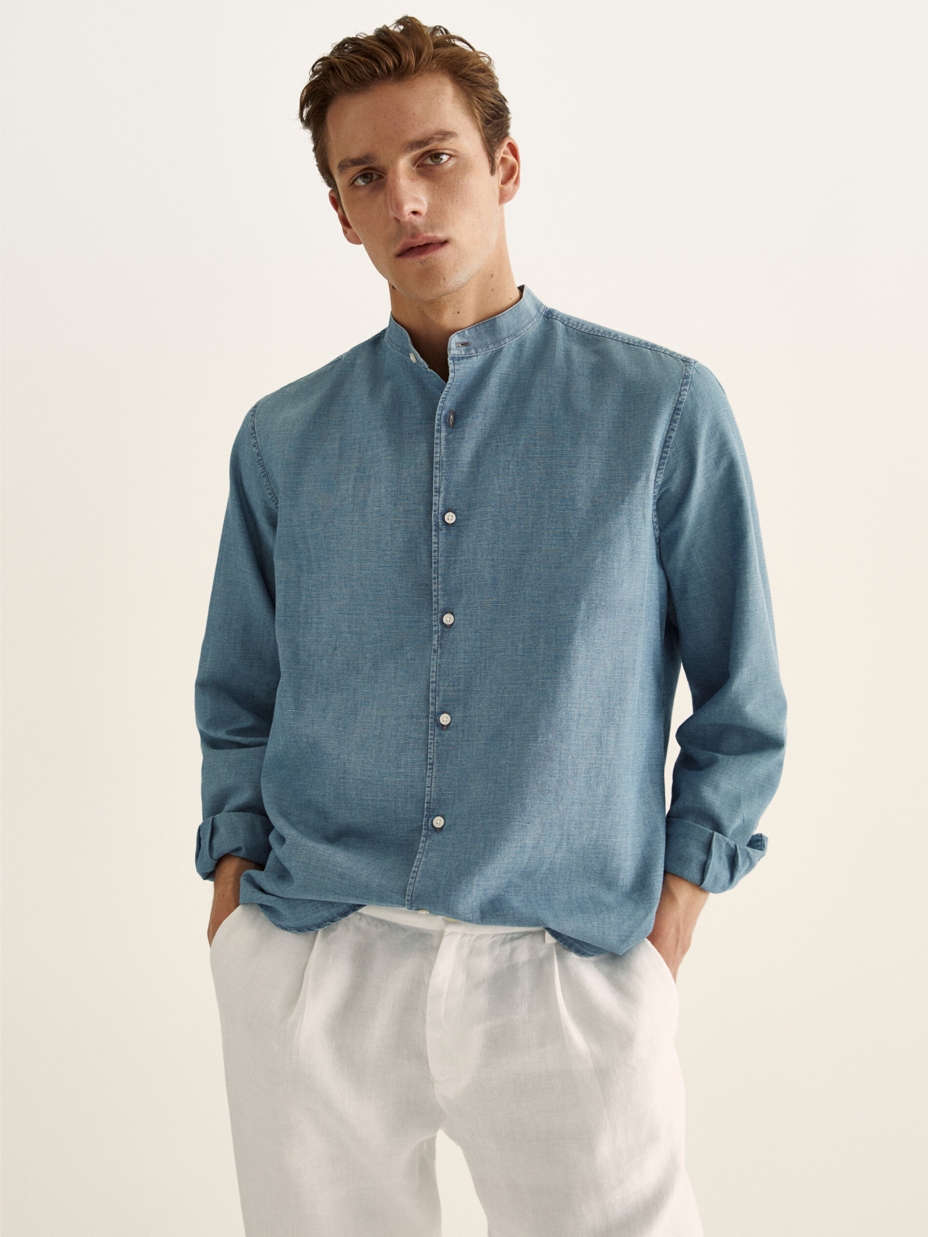 Slim fit stand-up collar denim shirt 