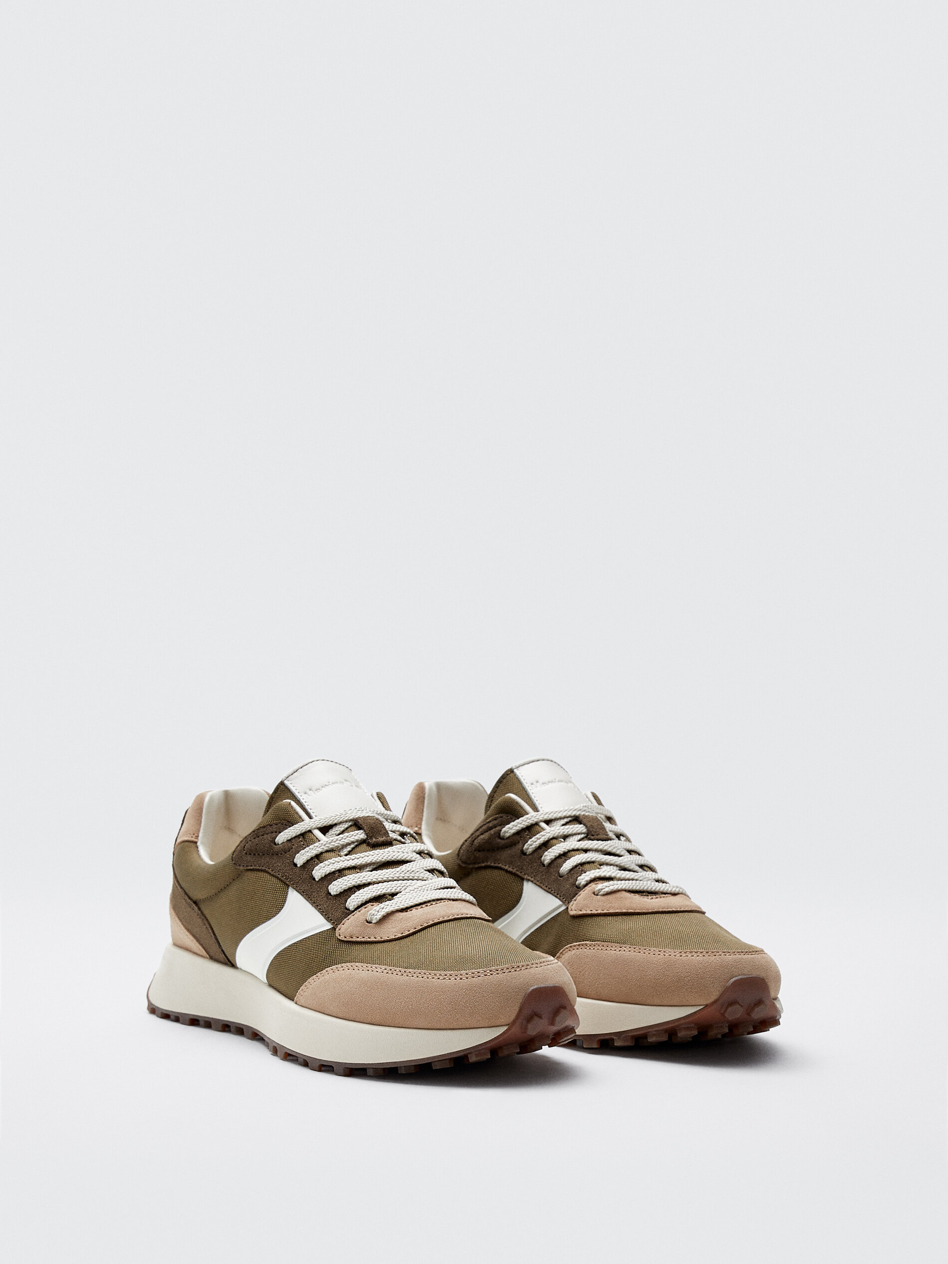 KHAKI LEATHER TRAINERS WITH PIECES - Men - Massimo Dutti