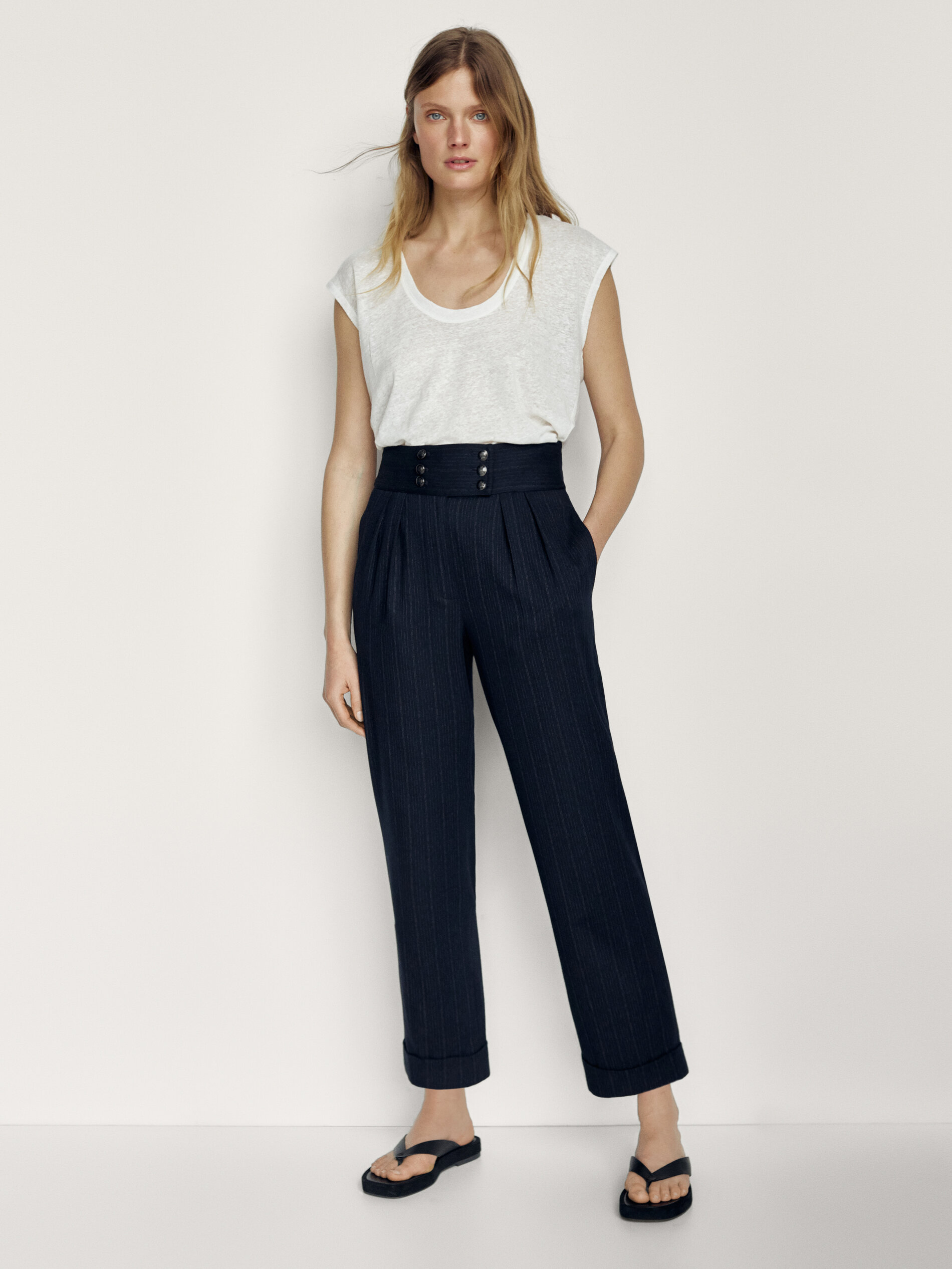 Navy blue striped straight fit trousers 