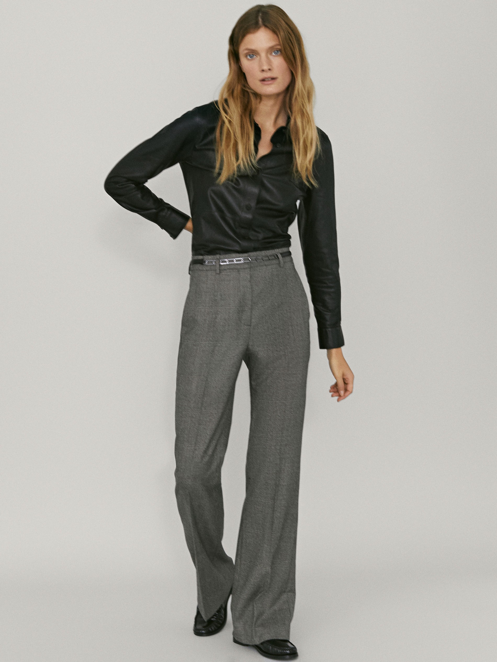 wool flare fit check trousers 