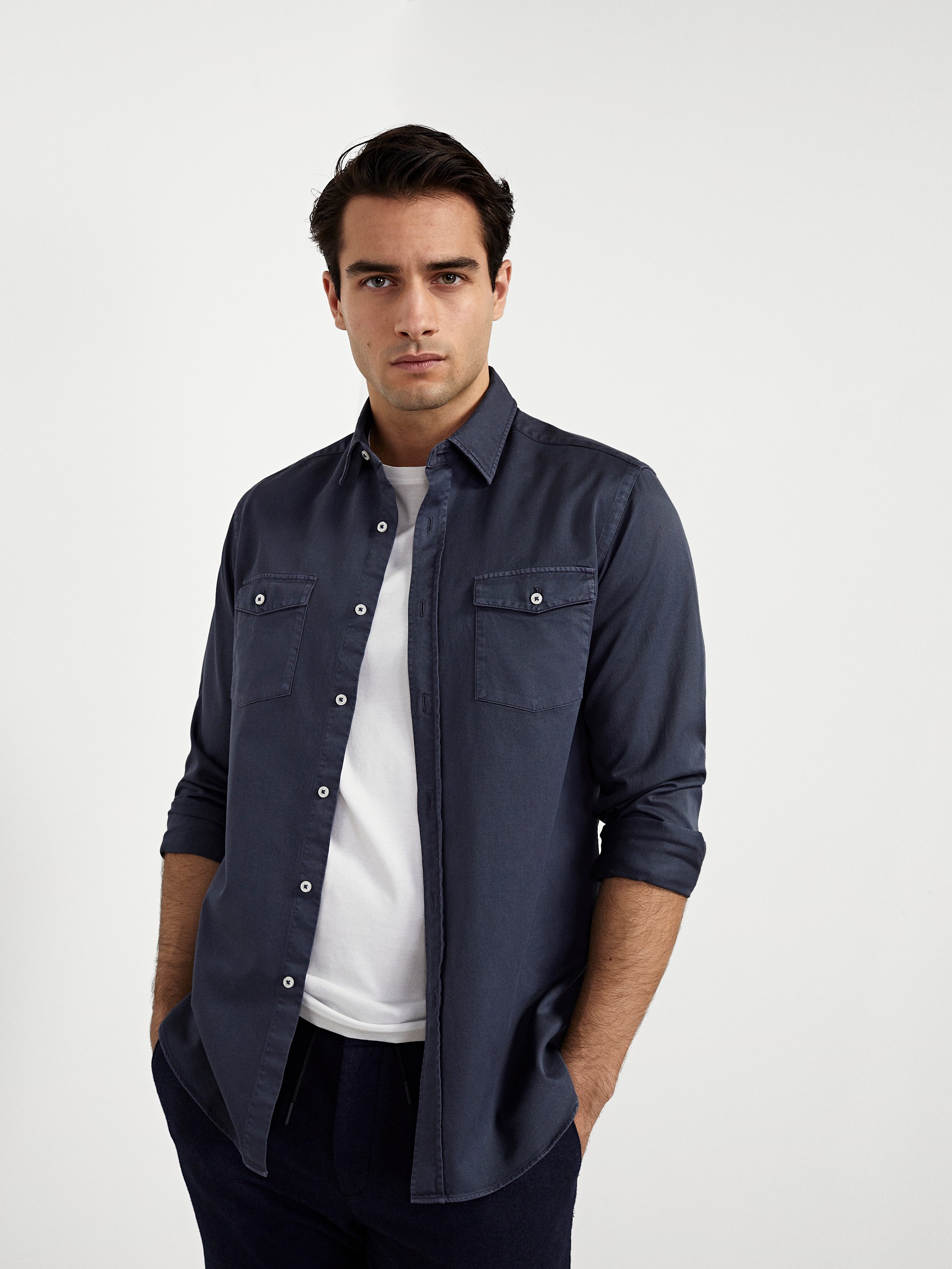 Regular fit double pocket cotton shirt 