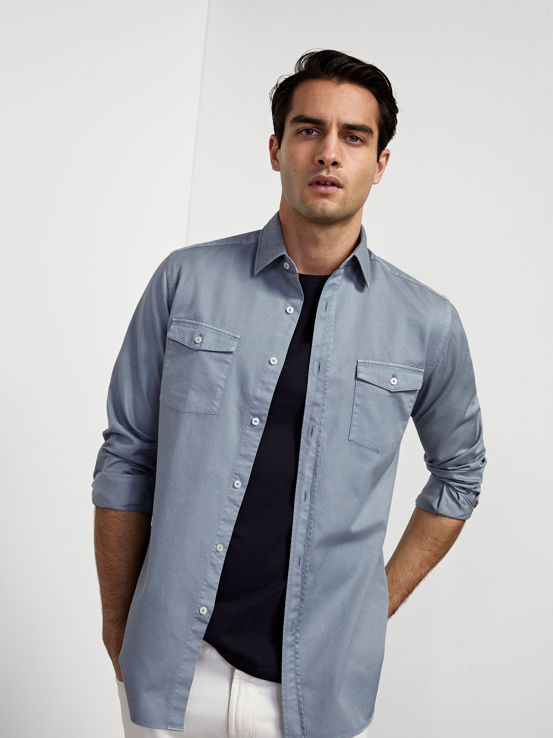 Regular fit double pocket cotton shirt 