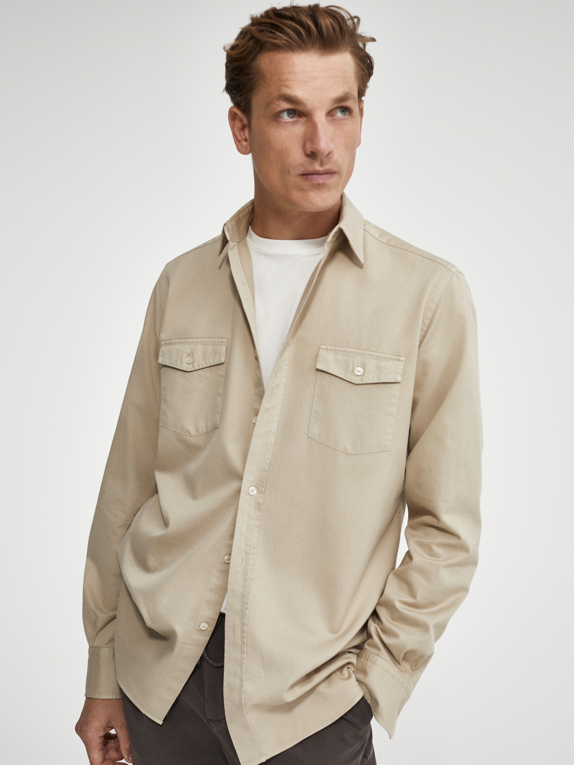 Regular fit double pocket cotton shirt 