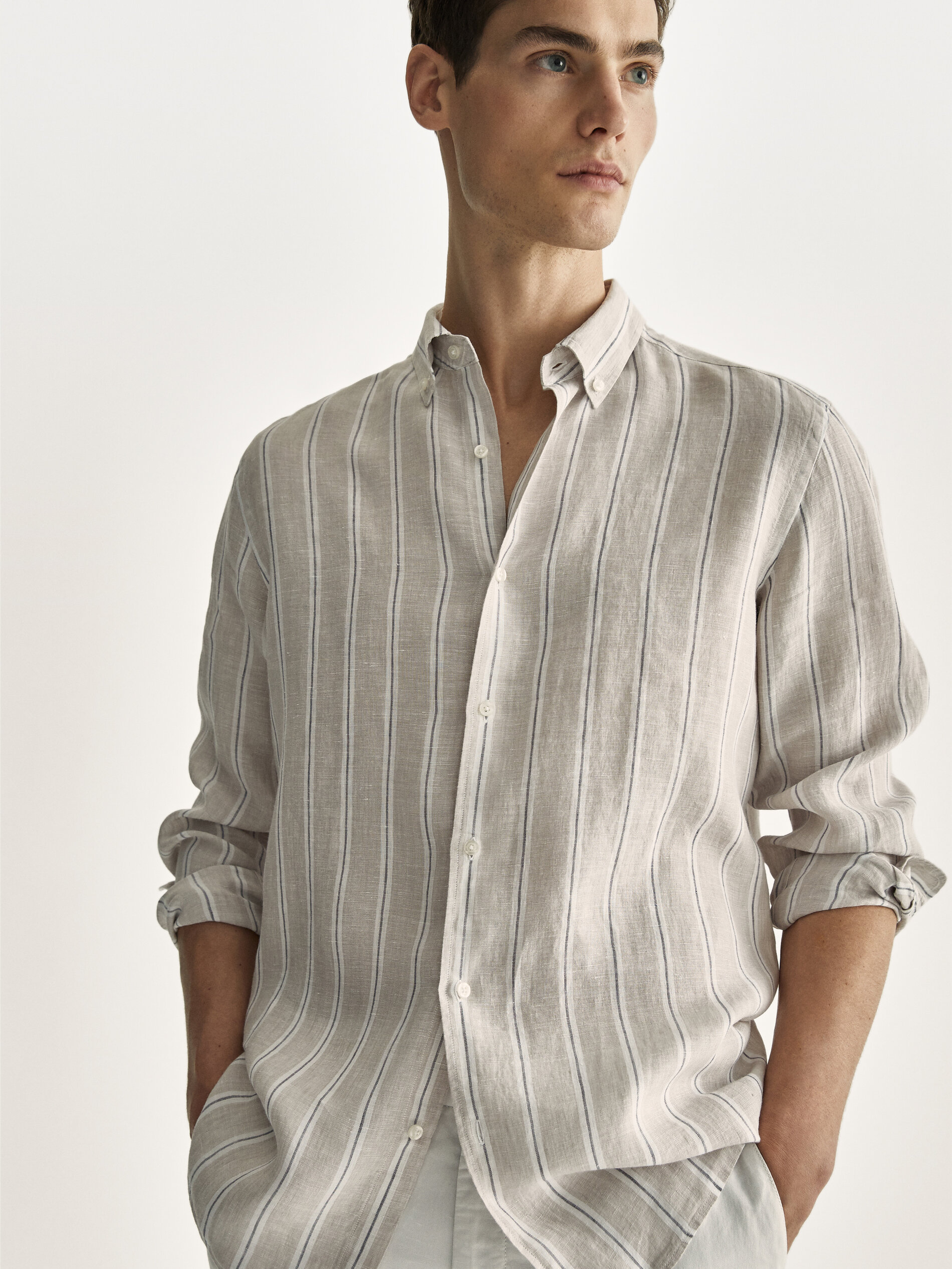 Slim fit striped 100% linen shirt 