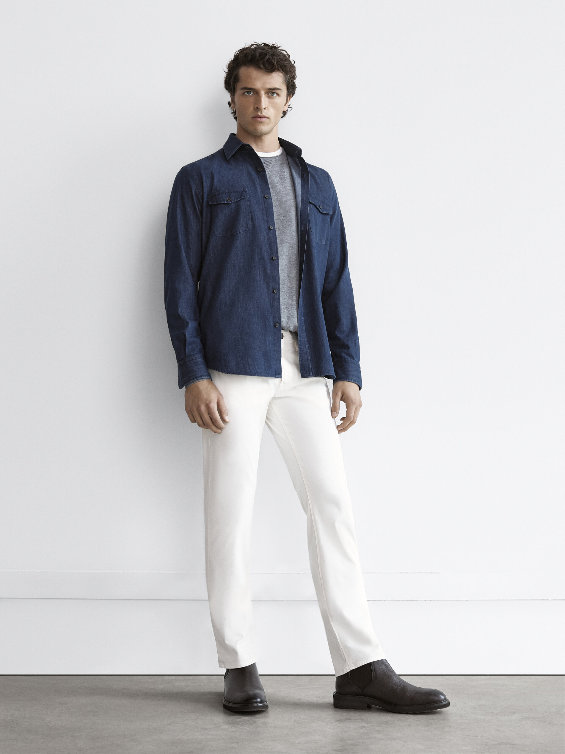 100% cotton denim slim fit shirt - null 