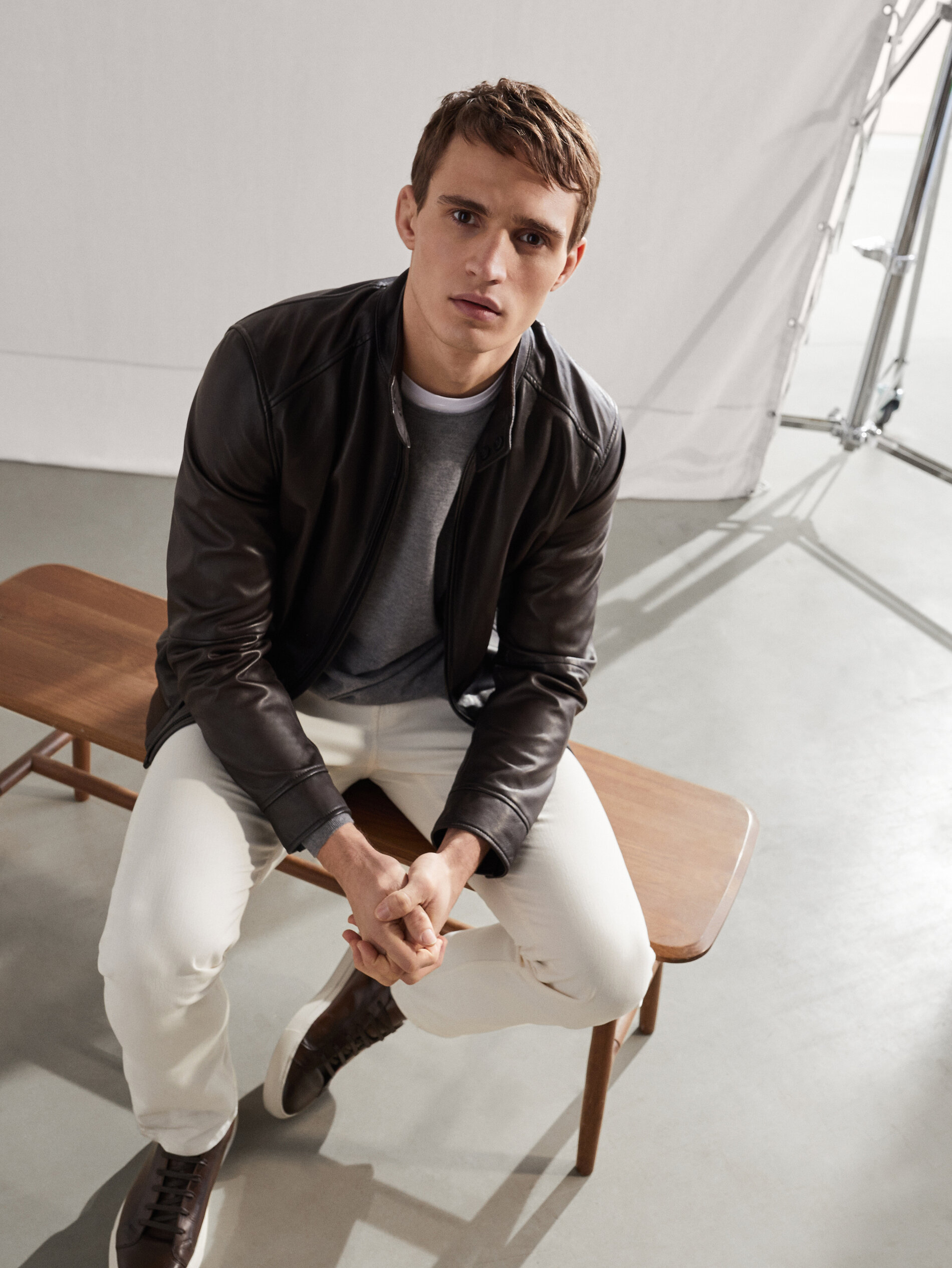 leather jacket with chinos