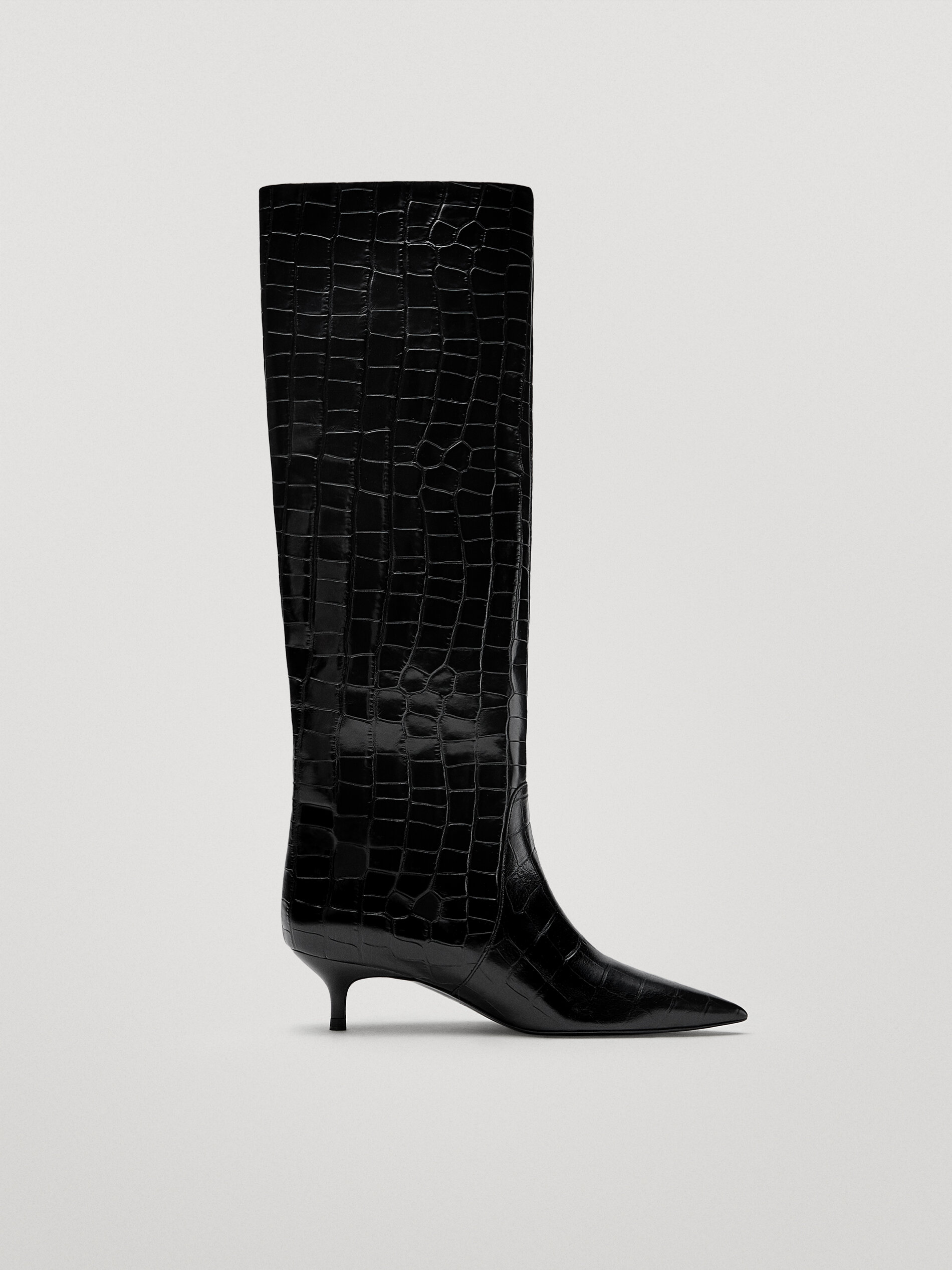 black leather mid heel boots