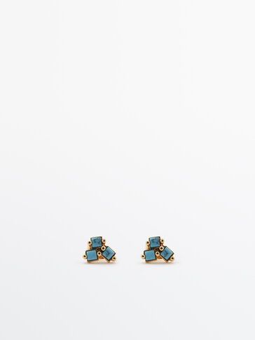 Gold-plated triple earrings with blue stone