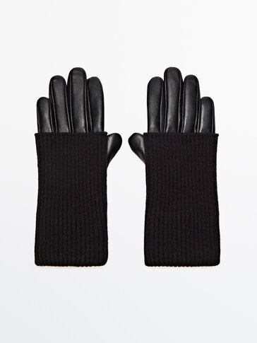 Contrast leather and knit gloves