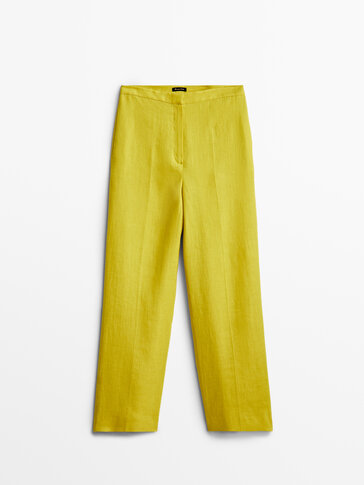 直筒版黄绿色亚麻长裤