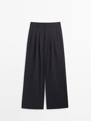Navy blue darted wide-leg trousers