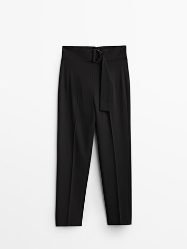 Wool blend trousers with round buckle