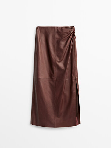 Long nappa leather skirt with gathered detail