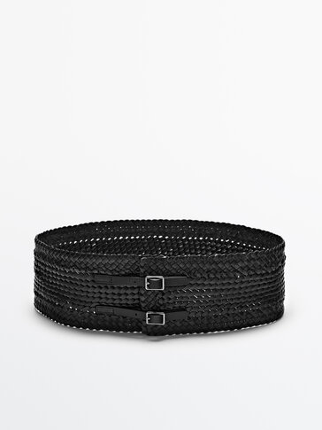 Black braided leather sash belt