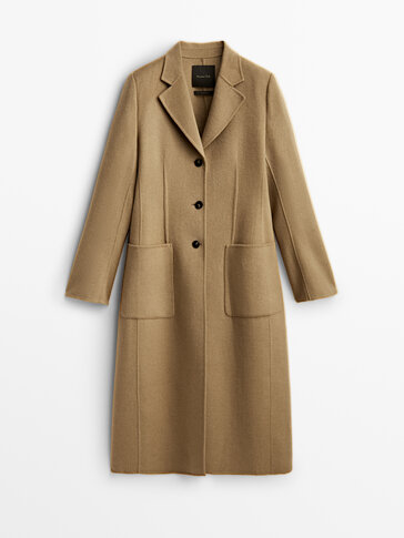 Long wool blend coat with shoulder pads