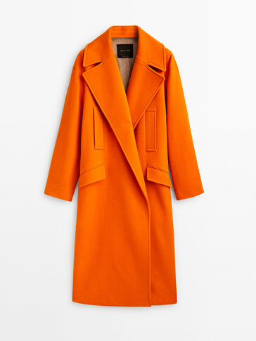 橙色加长版羊毛混纺外套