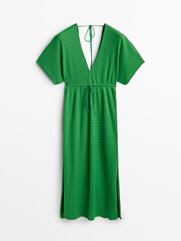 镂空装饰绿色短袖连衣裙