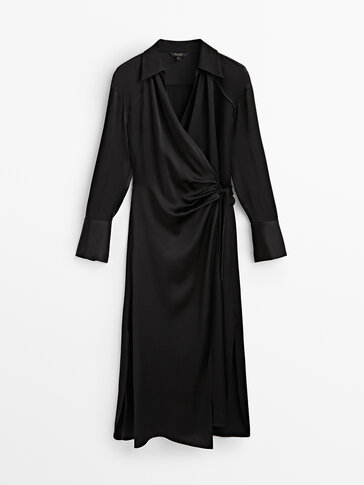 黑色棉缎衬衫式连衣裙