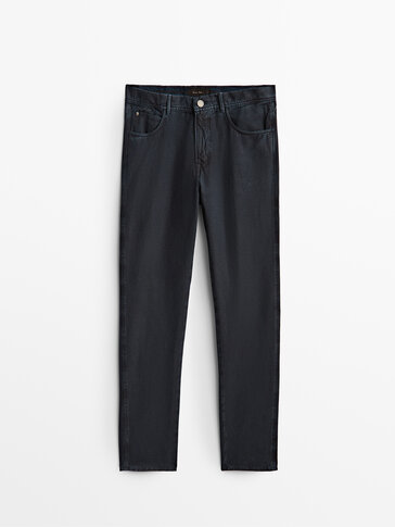 Cotton and linen tapered fit denim-effect trousers