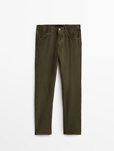 Cotton and linen tapered fit denim-effect trousers