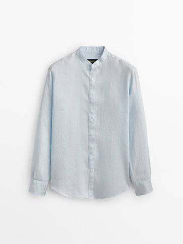 100% linen slim fit shirt with stand-up collar
