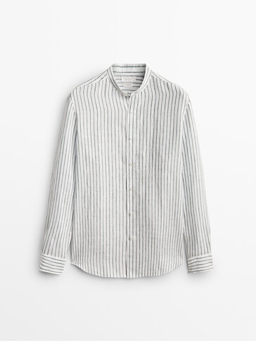 Slim fit striped linen shirt with a stand-up collar