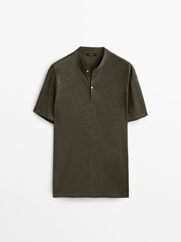 100% linen stand-up collar polo shirt