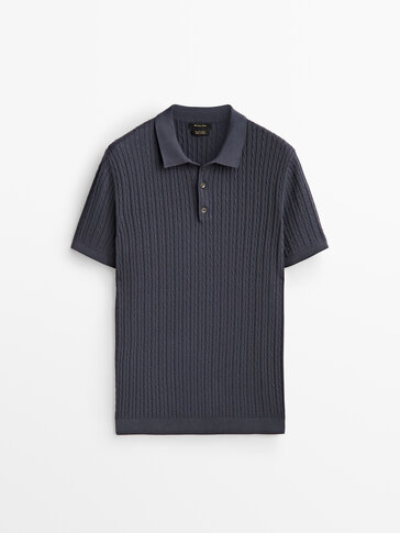 Short sleeve cable-knit polo sweater
