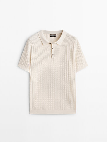 Short sleeve cable-knit polo sweater