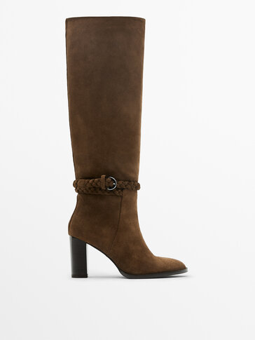 Split suede heeled boots with braided detail