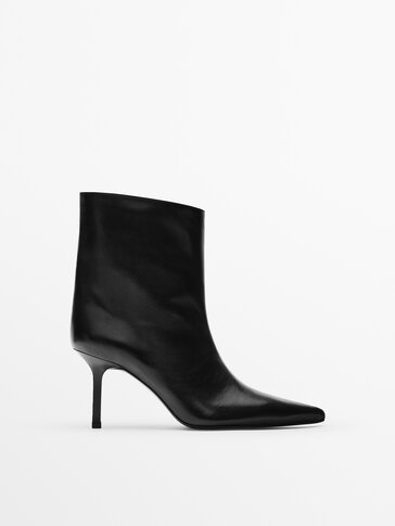 Leather high-heel ankle boots with wide leg