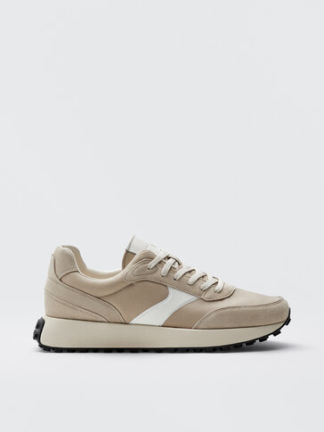 SAND-COLOURED LEATHER TRAINERS WITH PIECES