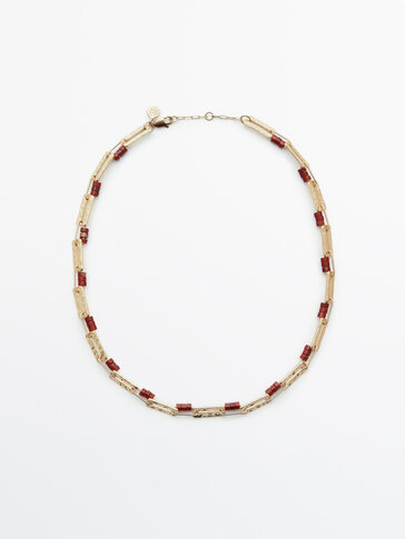 Gold-plated short necklace with coloured stones