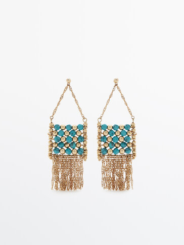 Gold-plated square earrings with beads