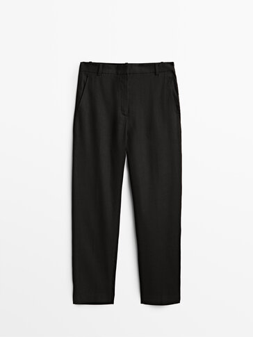 Straight black cotton and linen trousers