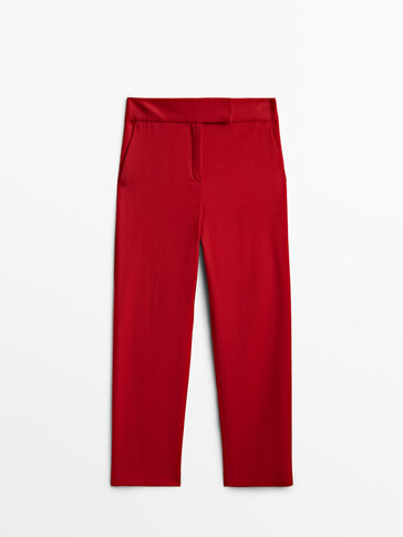 红色羊毛混纺西装长裤