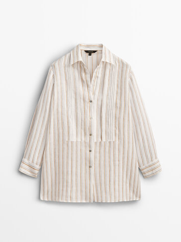 Openwork linen striped oversize blouse