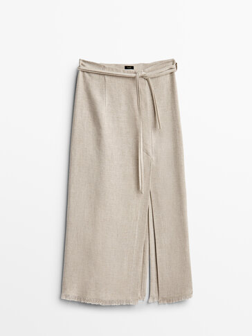 Frayed midi skirt with belt