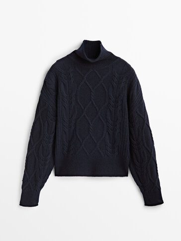 High-neck cable-knit wool sweater